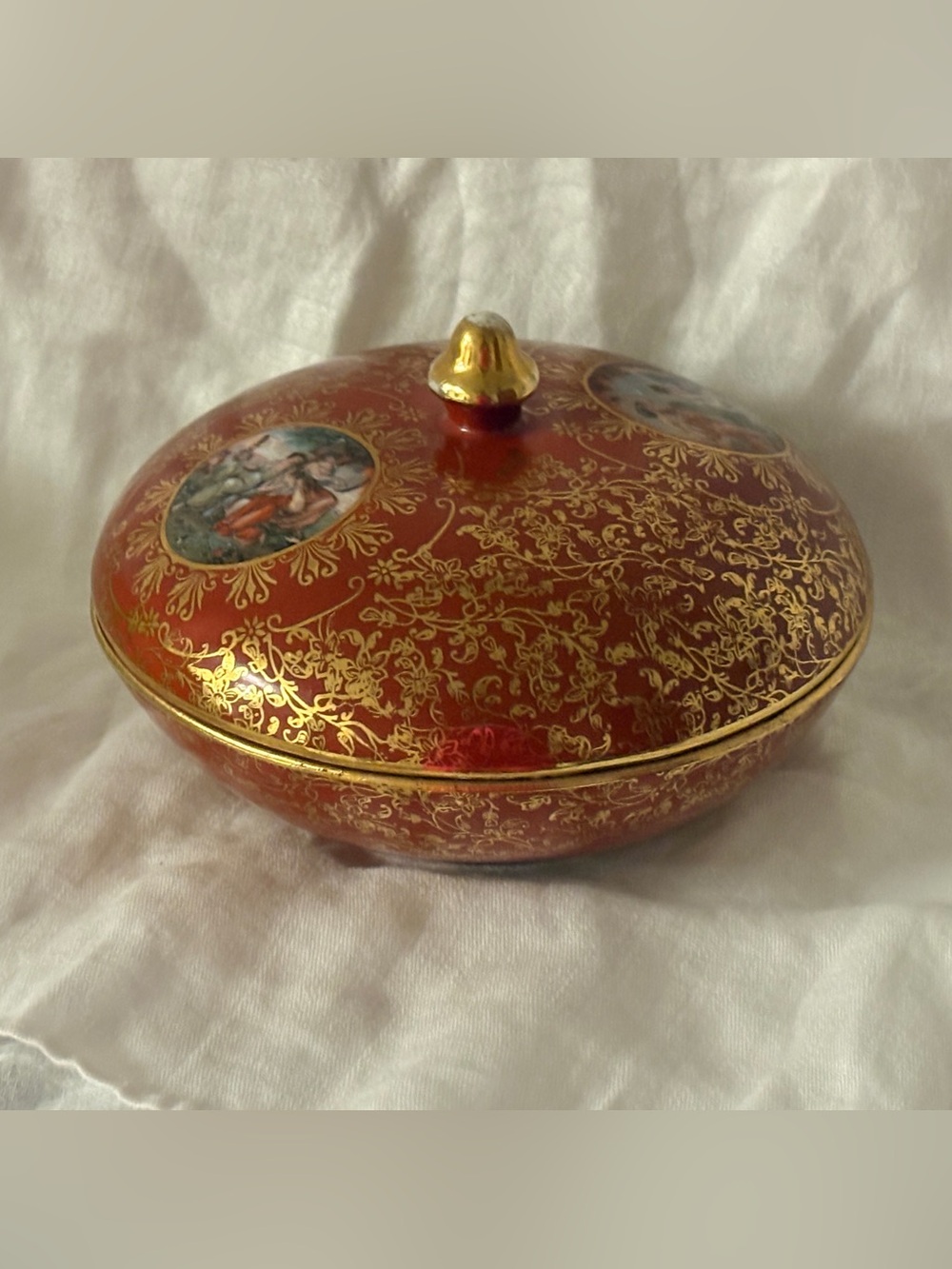 Vintage Marks & Rosenfeld Hand-Painted Red & Gold Porcelain Lidded Covered Bowl